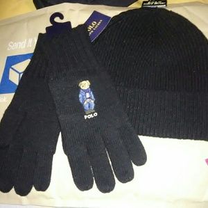 Ralph Lauren polo set of hat & gloves black w bear